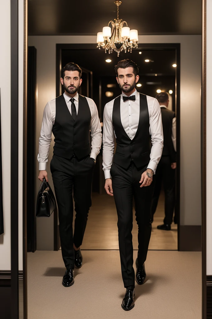 An elegant 30 year old man, dressed in black dress pants and a white dress blouse, wearing black dress shoes leaving the BARBEARIA CLUBE DE HOMEM with an impeccable cut, reflecting its image in a giant mirror in the middle of two mountains and below the mountains a dam.