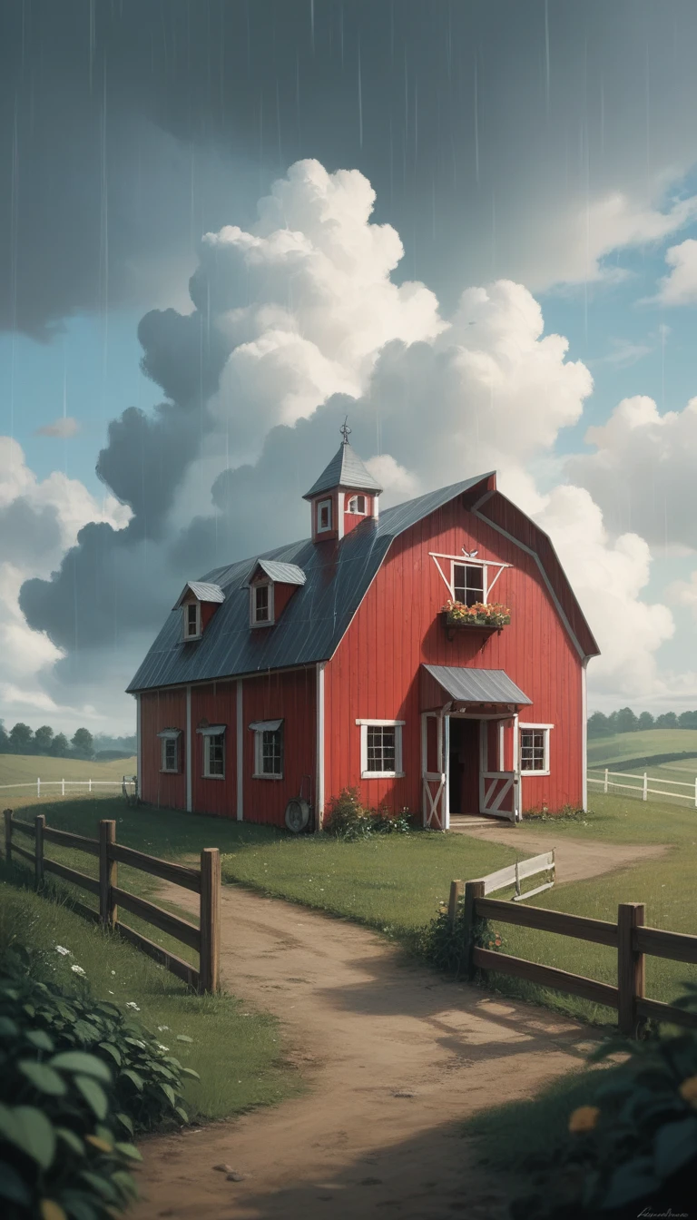 Cloudy sky and heavy rain image, creating an atmosphere of tension on the farm