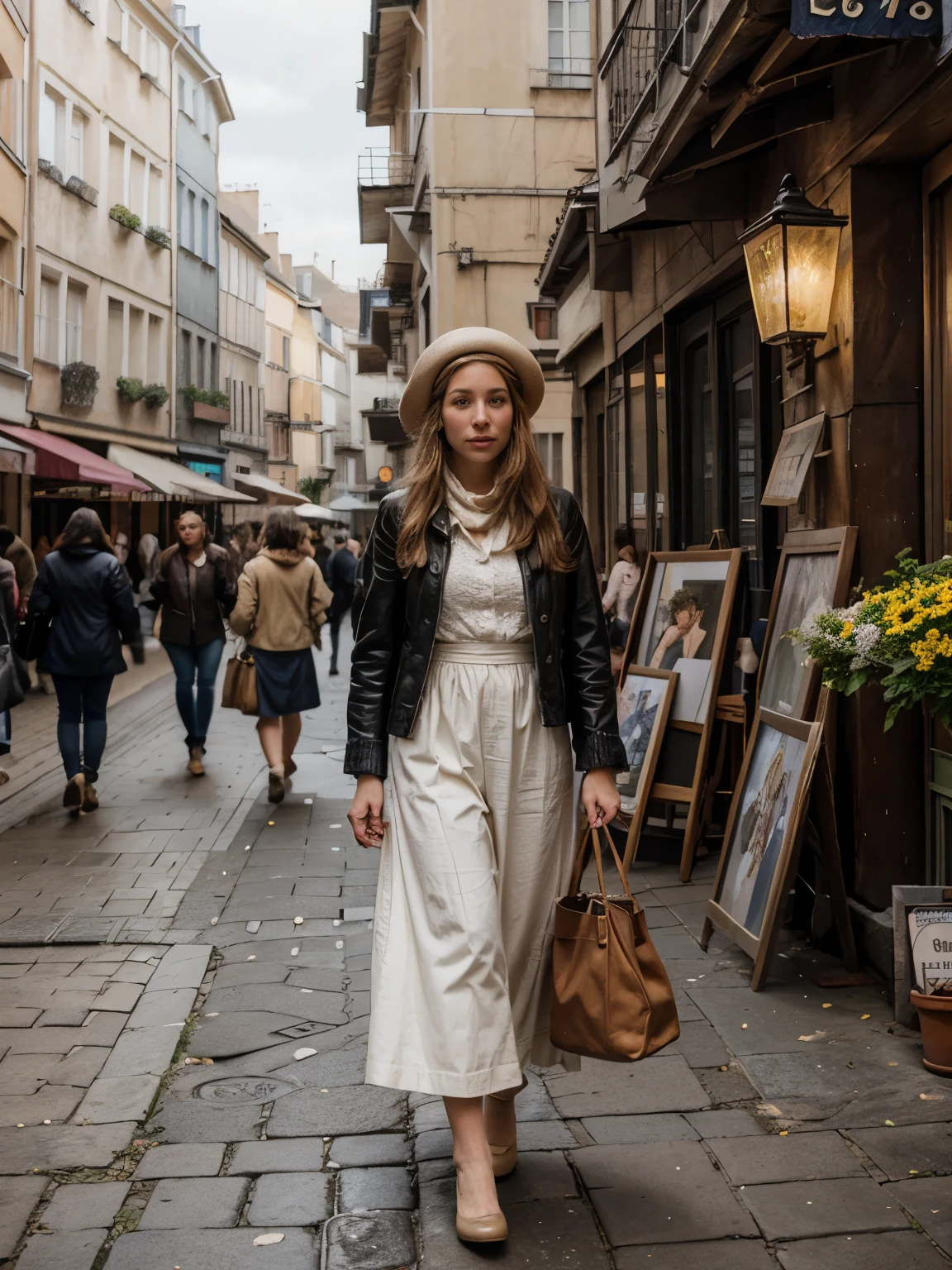Portrait of a blond woman in a 1890s walking suit with a fitted jacket and a long skirt, adorned with intricate lace and buttons, and a stylish straw boater hat with a ribbon. She browses the stalls of Place du Tertre, surrounded by a vibrant display of artwork. The year is 1890, and the square is bustling with activity. Artists display their paintings, portraits, and caricatures on easels, while tourists admire their work and chat with the creators.
Place du Tertre is a haven for art lovers. Rows of colorful paintings line the cobblestone square, depicting everything from Parisian landmarks to whimsical scenes. Artists in berets and smocks busily create new works, adding to the artistic atmosphere. The sound of chatter and laughter fills the air, as people from all over the world come to experience the magic of Montmartre. The square is framed by charming buildings with wrought-iron balconies and blooming window boxes, enhancing the picturesque setting.
The woman's outfit is detailed with fine fabrics typical of the 1890s, including the delicate weave of her skirt and the crispness of her white blouse peeking out from beneath her jacket. Her boater hat is decorated with a silk ribbon, complementing her elegant ensemble. The cobblestones underfoot are worn smooth by countless footsteps, and the afternoon sun casts long shadows, highlighting the vibrant colors of the artworks.
Easels, paintings, portraits, caricatures, berets, smocks, colorful paintings, Parisian landmarks, wrought-iron balconies, blooming window boxes, cobblestone square, wooden stalls, paintbrushes, palettes, art supplies, tourists with parasols, street musicians, café tables, wine glasses, baguettes, vintage street lamps, pigeons, chestnut trees, old-fashioned carriages, decorative street signs, postcards, scarves, artists' stools, wicker baskets, flower pots, sketchbooks, old newspapers, café awnings, hand fans, lace gloves, pocket watches, leather satchels, oil paints, charcoal sketches, past