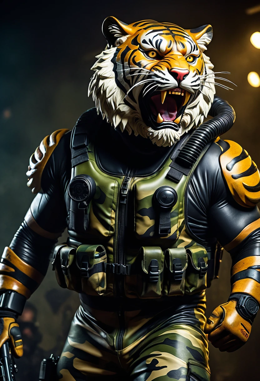 (a dark-skinned fat muscular old man in a bulky army camouflage zipper diver suit) doing raising fist pose and carrying a rifle, (wearing realistic roaring siberian tiger mask), muscular, Bruce Onobrakpeya, sumatraism, stanley artgermm, action, heroic, fierce, snarling