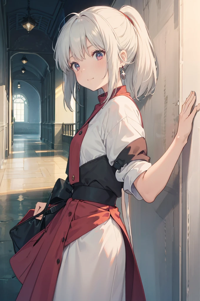 bust，Girl，White hair，Lovely eyes，Cat ears，Top quality，Can see the ears，Wear earrings，confidence，Smile，Red eyes，Side face，Leaky ears，Highest quality，Ghibli，masterpiece，Light and shadow effects，White background