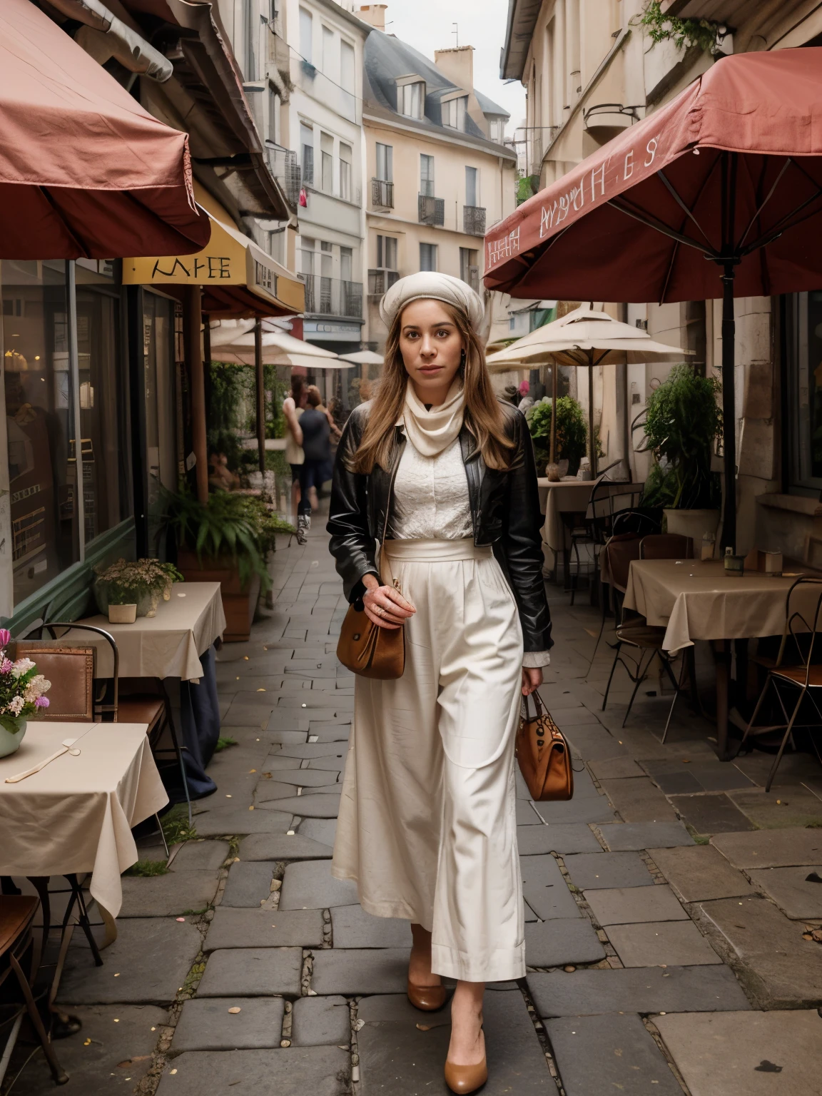 Portrait of a blond woman in a 1890s walking suit with a fitted jacket and a long skirt, adorned with intricate lace and buttons, and a stylish straw boater hat with a ribbon. She browses the stalls of Place du Tertre, surrounded by a vibrant display of artwork. The year is 1890, and the square is bustling with activity. Artists display their paintings, portraits, and caricatures on easels, while tourists admire their work and chat with the creators.

Place du Tertre is a haven for art lovers. Rows of colorful paintings line the cobblestone square, depicting everything from Parisian landmarks to whimsical scenes. Artists in berets and smocks busily create new works, adding to the artistic atmosphere. The sound of chatter and laughter fills the air, as people from all over the world come to experience the magic of Montmartre. The square is framed by charming buildings with wrought-iron balconies and blooming window boxes, enhancing the picturesque setting.

The woman's outfit is detailed with fine fabrics typical of the 1890s, including the delicate weave of her skirt and the crispness of her white blouse peeking out from beneath her jacket. Her boater hat is decorated with a silk ribbon, complementing her elegant ensemble. The cobblestones underfoot are worn smooth by countless footsteps, and the afternoon sun casts long shadows, highlighting the vibrant colors of the artworks.

Easels, paintings, portraits, caricatures, berets, smocks, colorful paintings, Parisian landmarks, wrought-iron balconies, blooming window boxes, cobblestone square, wooden stalls, paintbrushes, palettes, art supplies, tourists with parasols, street musicians, café tables, wine glasses, baguettes, vintage street lamps, pigeons, chestnut trees, old-fashioned carriages, decorative street signs, postcards, scarves, artists' stools, wicker baskets, flower pots, sketchbooks, old newspapers, café awnings, hand fans, lace gloves, pocket watches, leather satchels, oil paints, charcoal sketches, past