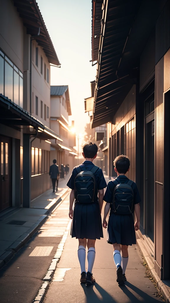 In the twilight、Two boys walking, Other people standing, seen from behind , School uniforms