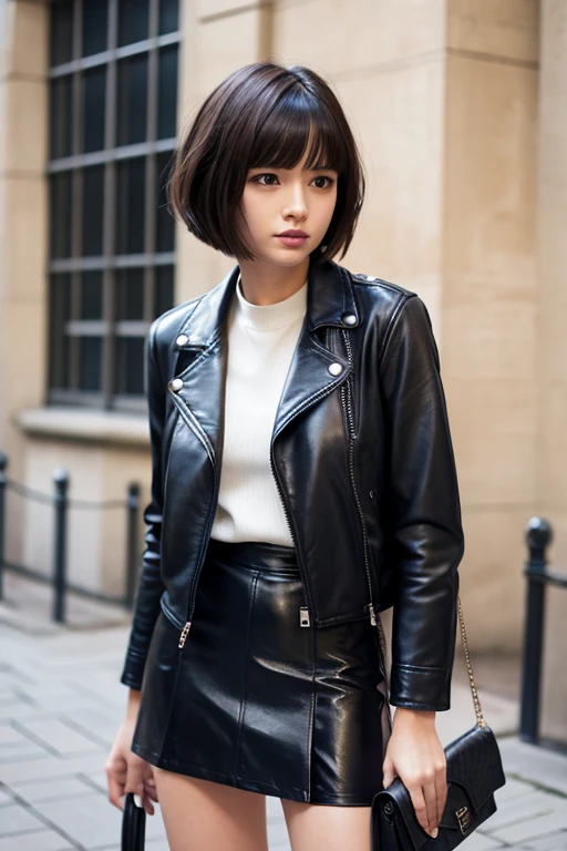 leather jacket、Leather skirt、Leather Fashion、Bob cut short hair、