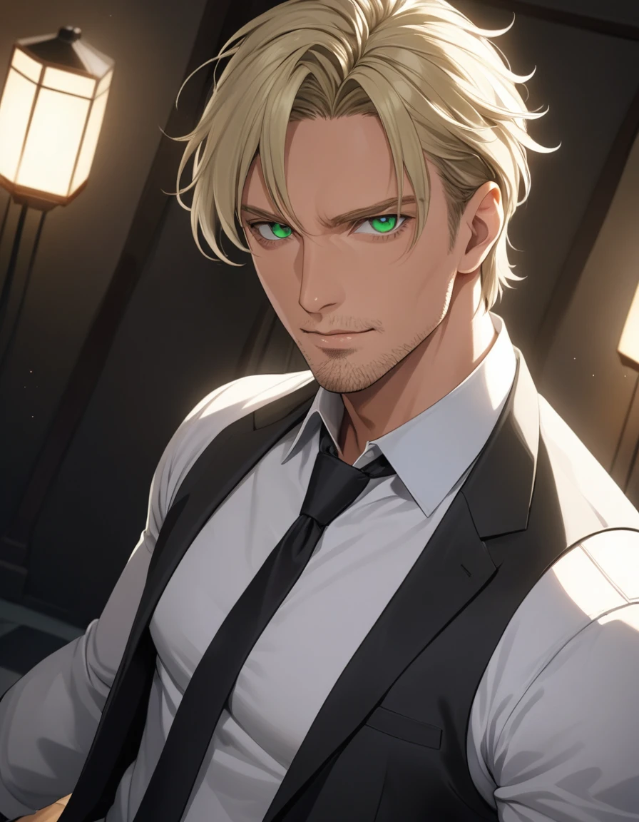 1man, veteran CIA agent, handsome mature, business hair with asymmetry bangs, narrow stubble, green platina blond hair, emerald eyes, 45yo, masculine gentleman, charming caucasian, ordinary uncle, pentagon shaped head, BREAK ideal ratio body proportions, middle weight muscular, beautiful detailed eyes, dark iris, BREAK solo, man in black suit, white shirt, black necktie, softly smile, BREAK upperlegs, dandy posing, dramatic expression, 2000s, visual novel, in newest eroge style, dutch angle, cinematic shadows, cinematic lighting, lens flare, extreme all detailed, masterpiece, best quality