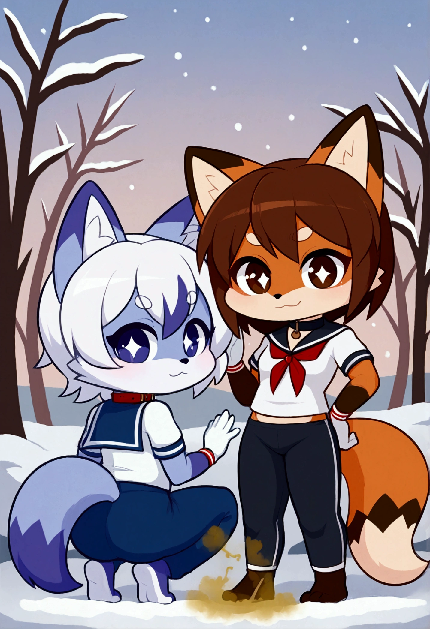 2girls, fox and tanuki, furry, bodyfur, tail, collar, sailor suit, short sleeves, jersey pants, long pants, white gloves, snow gloves, barefeet, chibi, sparkling eyes, full body, snow, squatting, looking back, fart