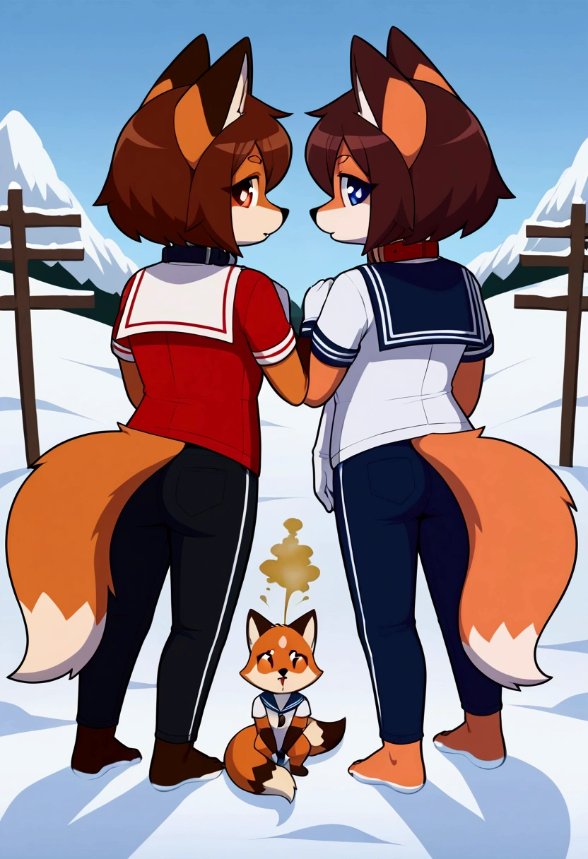 2girls, fox and tanuki, furry, bodyfur, tail, collar, sailor suit, short sleeves, jersey pants, long pants, white gloves, snow gloves, barefeet, chibi, sparkling eyes, full body, snow, squatting, looking back, fart