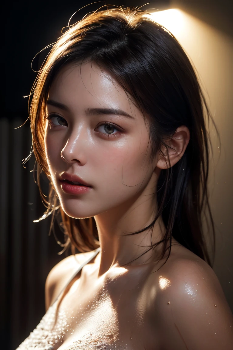 nude、(Photorealistic: 1.4), (超Realisticな: 1.4), (Realistic: 1.3), (Smooth lighting: 1.05), (Improving the quality of cinema lighting: 0.9), 32K, 1 girl, 20-year-old girl, Realistic Lighting, Backlight, Face Light, Ray Tracking, (Bright light: 1.2), (Quality improvement: 1.4), ( Highest quality realistic textured skins: 1.4), Fine grain, Detailed face, Quality Eyes, (tired, Sleepy and satisfied: 0.0), Face close-up, T-Shirts, (Enhances the body line: 1.1), (Enhances skin texture: 1.1) masterpiece, Ultra-high resolution, (Photorealisticistic: 1.4), RAW Photos, 1 girl, darkness, Deep Shadow, Modest, Cold light, thin clothes, wet body, underwear, see-through underwear