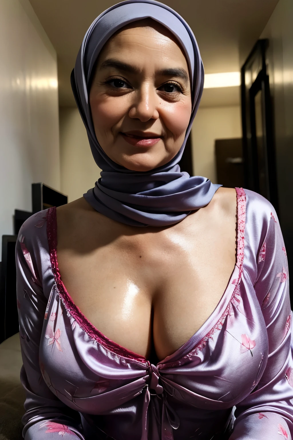 1 matured malay girl in hijab, wear satin dress, crawling on the floor, hands crossed, nighttime, full body, seducing, big breast, (8k, RAW photo, best quality)