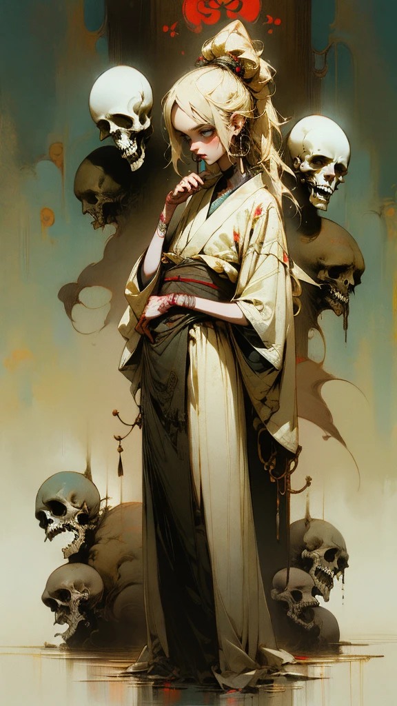 (masterpiece), (High resolution), (Very delicate), (masterpiece: 1.2, Highest quality), ((pierce;Put your hands out in front of you)), scribble, nightmare, Doll-like face, Manga Style, rough sketch, Manga Styleイラスト, (Horror elements), Japanese painting, whole body,(snap shot), (spooky), Japan sculpture,old picture scroll style, old staging, Ancient mural style, crazy illustration, Dark atmosphere, Flat Illustration, spookyな外観, A very distinctive hairstyle, disheveled blonde hair、creative accessories, Unique atmosphere、Punk Kimono、Girl punching
