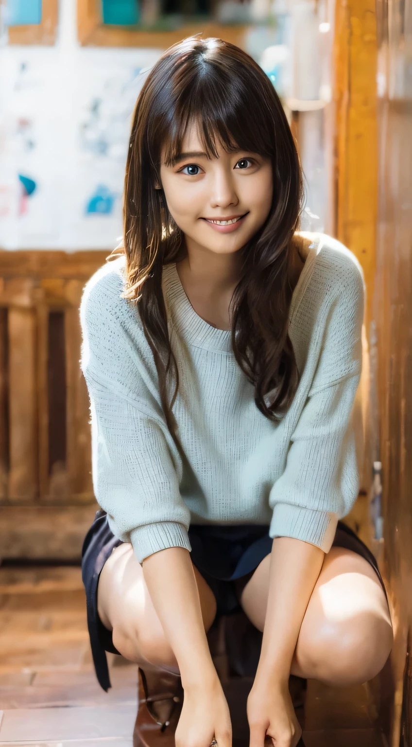 黒pantyhose、Panty underwear see-through、front、(Happy expression:1.26)、RAW Photos、(((The ultimate beauty full-body photography)))、((Glowing Skin))、1 girl、Beautiful 17 year old girl from Prague、Bright expression、((Brown haired))、Girl in sweatshirt、Skirt、View from the floor、(pantyhose)、(Skirt中)、Spread your legs、squat、Contrapuntal Shot、((Ultra-detailed))、(Perfectly detailed face)、(Detailed hands)、Photorealistic images、((masterpiece、最high quality、Ultra-detailed、Film Light、Intricate details、High resolution、Very detailed))、Detailed Background、8 time、Digital SLR、Soft Light、high quality、Film Grain、Fujifilm XT3 、Shallow depth of field、Natural soft light、Kamimei、ponytail