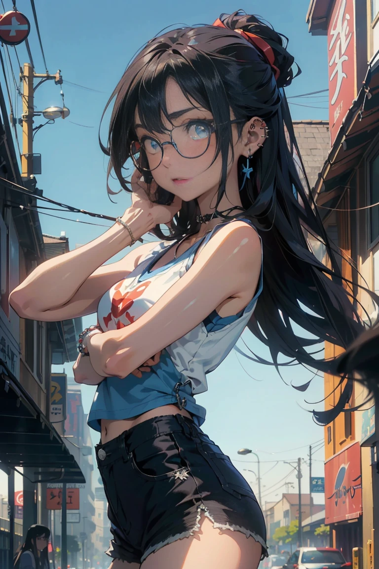 ((masterpiece)), ((Best quality)), ((Anime Avatar Style)), a 20 year old girl, ((light blue eyes)), ((ideal)), ((Round clear glasses)) , eyebrow, nose, ear, ((ear piercing)), mouth, ((Long black hair - )), neck, shoulder,, ((singlet)), ((shorts)), ((брюки noseки )), (neck chain), background landscape