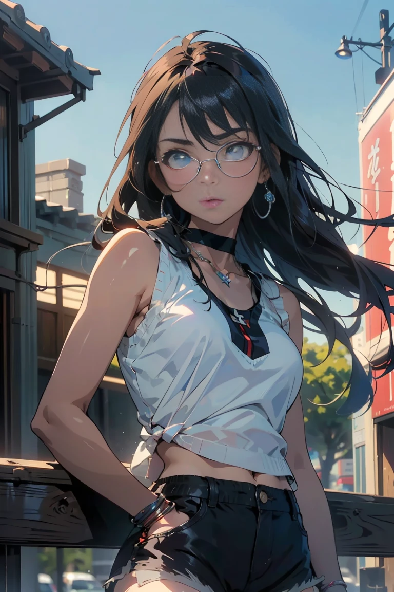 ((masterpiece)), ((Best quality)), ((Anime Avatar Style)), a 20 year old girl, ((light blue eyes)), ((ideal)), ((Round clear glasses)) , eyebrow, nose, ear, ((ear piercing)), mouth, ((Long black hair - )), neck, shoulder,, ((singlet)), ((shorts)), ((брюки noseки )), (neck chain), background landscape