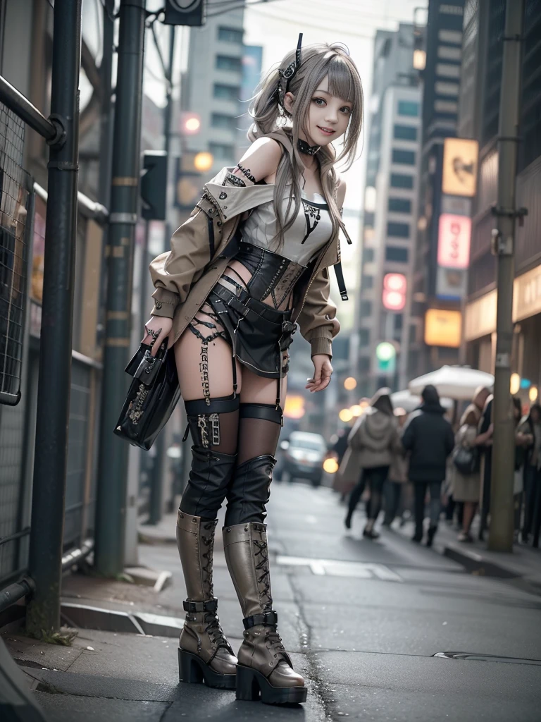 (Side view:1.1)、(Smiling with teeth showing:1.3),(Shibuya Gal:1.5)、(beautiful:1.5)、(Neo-Goth Fashion:1.5)、(Punk rock visual kei:1.5)、(A khaki and brown off-the-shoulder hoodie accessorized with delicate silver accessories..:1.5)、(A corset with a delicate beige and brown design:1.4)、(Dark gray, Khaki and brown snakeskin bodysuit:1.5)、(Snake print headband:1.3)、(Beige and charcoal knee socks:1.4)、Embellished collar and long boots、(I'm Snake print underwear for sale.:1.4)、(Long eyelashes:1.3)、(Age 35)、((Highest quality、8k、masterpiece:1.3))、1 female、スリムでbeautiful腹筋:1.3、(Hairstyle Casual、beautiful boobs:1.1)、(Doing an aerobics pose:1.3)、dress:1.1、Super small face、Narrow eyes、double eyelid、A sloppy smile、Full Body Evian、Dynamic Angle、close、CPL Filter、Blurred Background、Bokeh、Blue Hour、Detailed face and skin texture、Detailed eyes、,(Twin tails:1.3)、(Brownish golden hair:1.3)、Idol Sculpture、(The background is a glamorous dance hall:1.3)、(Slimming your legs:1.4)、(The body is slim:1.3)、(clavicle:1.1)
