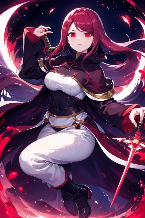 Highest quality、High resolution、Serious expression、One Woman、human、Female Warrior、Red hair、Long Straight Hair、Sharp red eyes、Uplifting、Light equipment、Swing the Great Sword、Around 20 years old、anime、Voluptuous bust、Narrow waist、Great style、Height: 170cm、White hooded cloak、A dignified and cool face、Wearing boots、White clothing、8k、high resolution、Eerie dark sky、Black trousers、dark brown boots、The strongest swordsman is running with his sword at the ready.