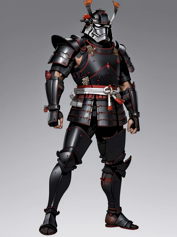 Japanese samurai wear masks ,Urban Samurai, epic image, Era,Frontal photo，Extremely meticulous，full armour，frontal photos，relaxing，No helmet，Bunched hair，Black armor，Broken armor，The body is not clean，bleed，Combat posture，((simple background)),gray background,，Standing posture，preparing to fight,stormtrooper, armor, helmet,
