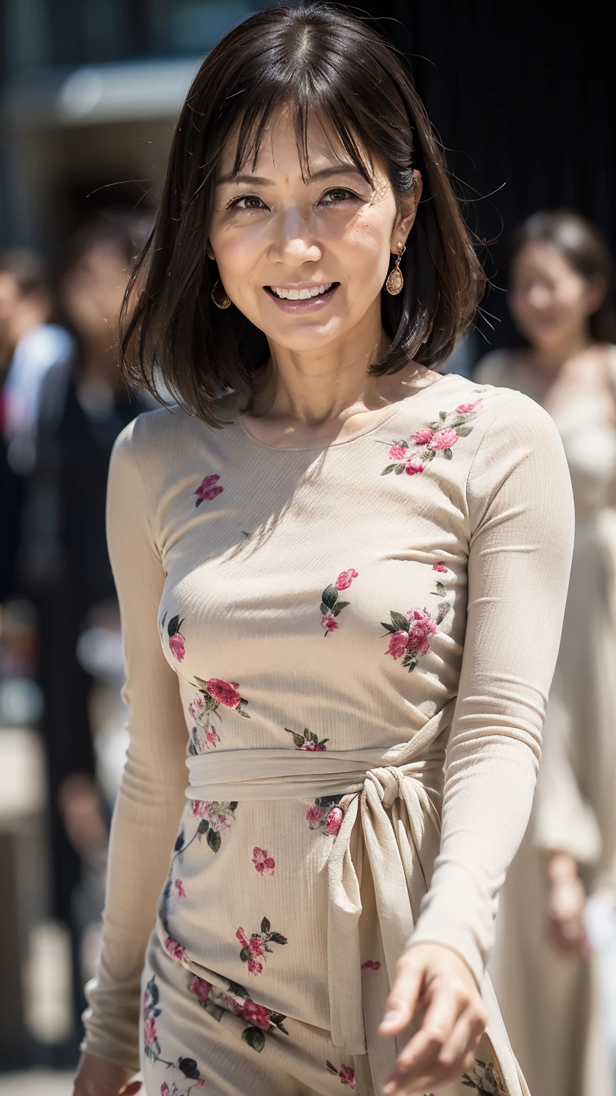 (((Highest quality)), ((8k)), ((masterpiece: 1.3)), (Photorealism: 1.6), (JMA), (Portrait of a Japanese mature woman), (Pitch black background: 1.2), (Woman standing diagonally facing forward: 1.4), (65-year-old woman), (Perfect looks), ((Realistic skin texture)), (Fine wrinkles all over the skin), (Dullness), (Facial wrinkles), (Wrinkles around the eyes), double eyelid, Tear bags under the eyelids, (Grimacing and laughing), Short bangs, Long Hair, (Floral , Shift dress, Long dress, Maxi Dresses, beige, No sleeve, Print, Crew neck), (Close-up of face),