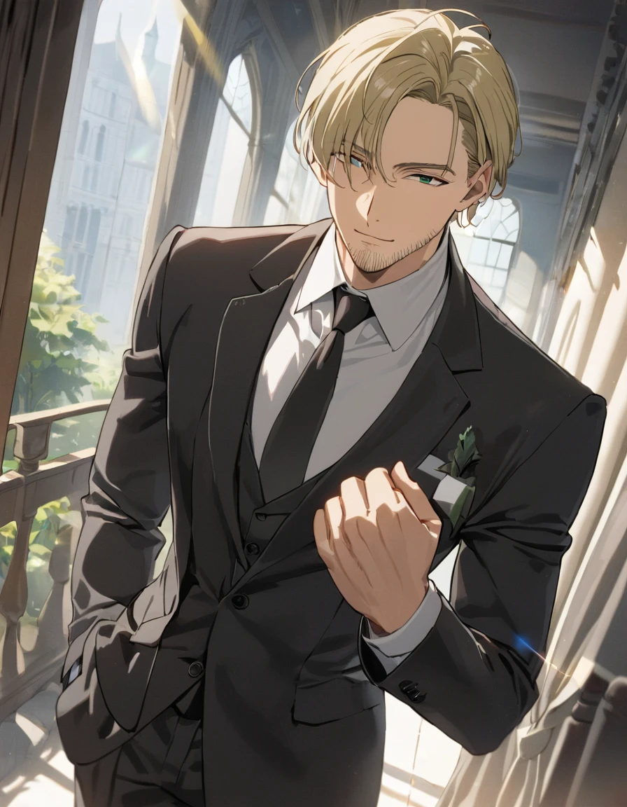1man, veteran CIA agent, handsome mature, business hair with asymmetry bangs, narrow stubble, green platina blond hair, emerald eyes, 45yo, masculine gentleman, charming caucasian, ordinary uncle, pentagon shaped head, BREAK ideal ratio body proportions, middle weight muscular, beautiful detailed eyes, dark iris, BREAK solo, man in black suit, white shirt, black necktie, softly smile, BREAK upperlegs, dandy posing, dramatic expression, 2000s, visual novel, in newest eroge style, dutch angle, cinematic shadows, cinematic lighting, lens flare, extreme all detailed, masterpiece, best quality