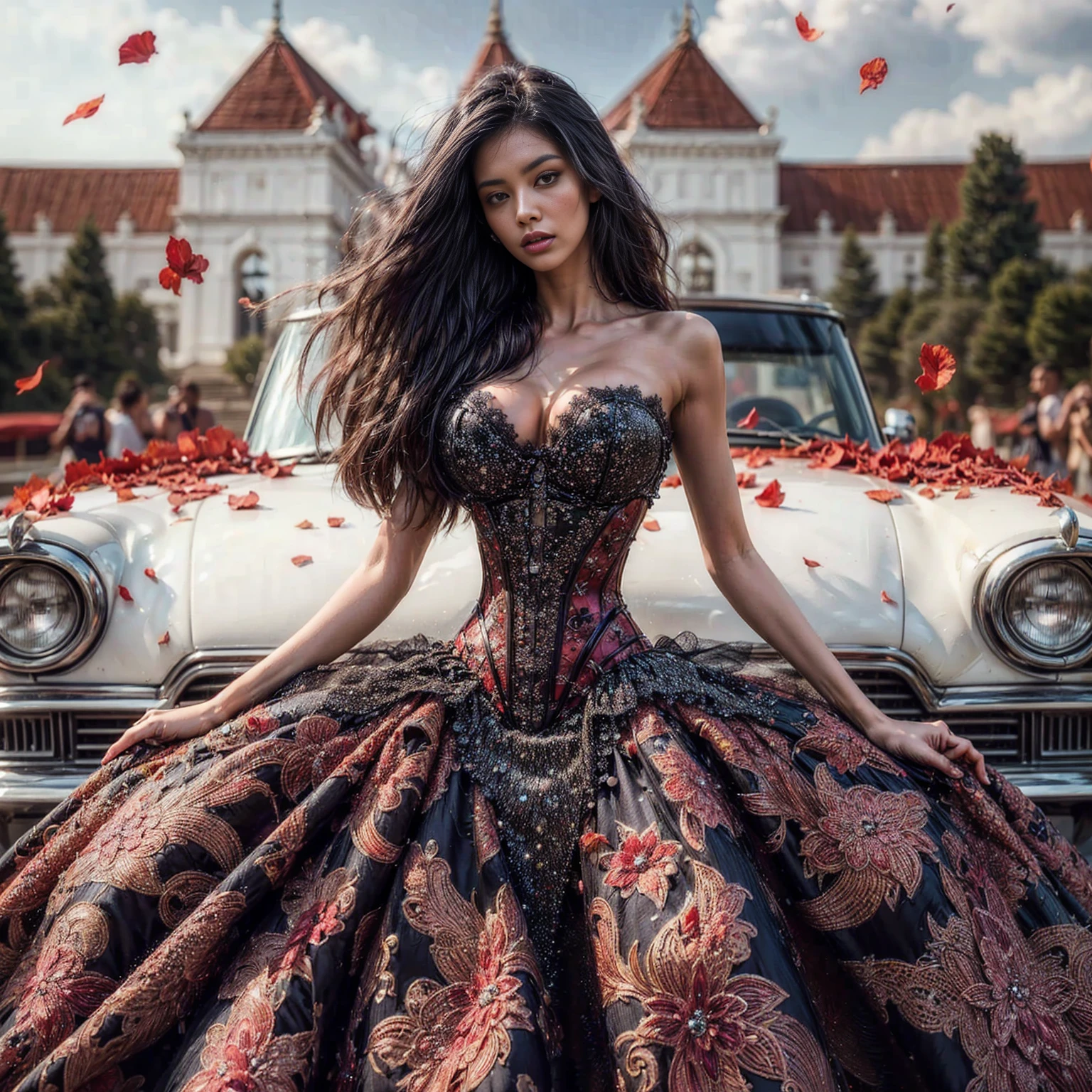 An asian woman fair skin with loose hair, standing on the stairs in the middle of a magical atmosphere, with a predominantly blue and red costume, a strapless metal corset-style dress decorated with bright purple jewels, a short tutu skirt, black thigh-high latex stockings with lace tops and ornaments purple jewels, white high heels with gold decoration, grand staircase background under mysterious sky full of stars and celestial bodies, crystal detailed, hyper realistic, hyper detail Transparent clothing, Detailed gemstones, masterpiece, best quality:1.2),,(8k,highres,RAW photo,realistic,photo-realistic:1.3),(detailed skin texture,detailed cloth texture, beautiful detailed face:1.25),professional lighting,photon mapping,beautiful soft light,radiosity,physically-based rendering,raytracing, model shoot style, model shoot style, (extremely detailed CG unity 8k wallpaper), full shot body photo of the most beautiful artwork in the world (NSFW), (Nude), (Naked), (Nipple) (pussy) (small pussy) (tight pussy) (metal and glass corset)