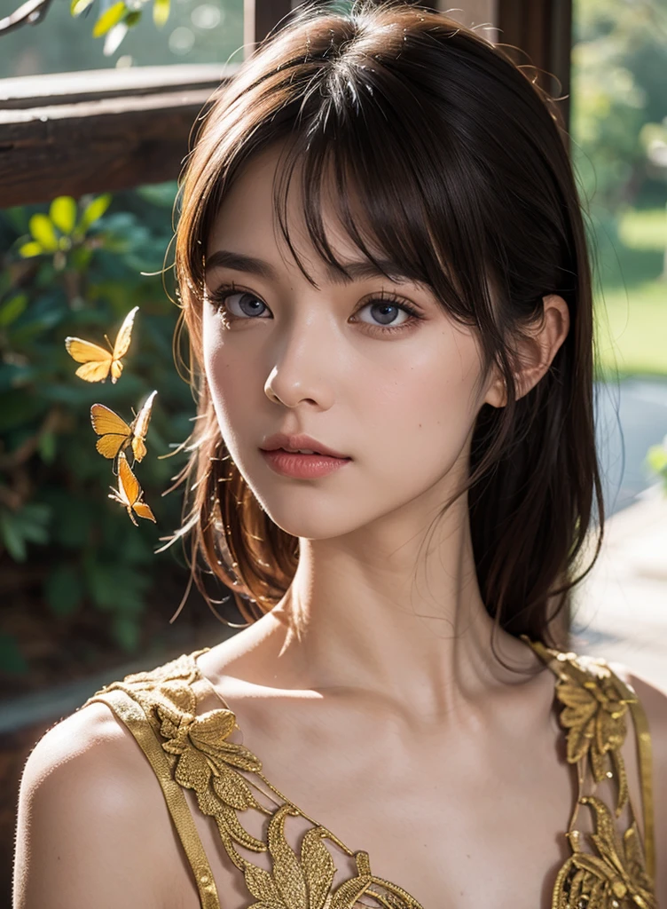 8k portrait of beautiful cyborg with brown hair, intricate, elegant, highly detailed, majestic, digital photography, art by artgerm and ruan jia and greg rutkowski surreal painting gold butterfly filigree, broken glass, (masterpiece, sidelighting, finely detailed beautiful eyes: 1.2), hdr, kebaya_bali