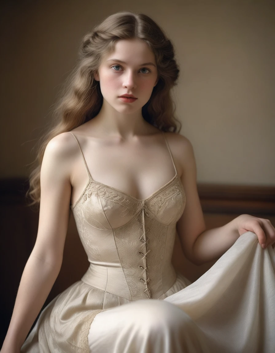 old Pictorialism 1920 (Masterpiece, Best Quality, Highres:1.2) Pictorialism, Pictorialism by Franz Xaver Setzer, Franz Anton Adolf was an Austrian photographer., Photography in 1920, Full body, highly detailed, centered, drawn, portrait of a beautiful young woman, long hair, a dancer in 19th century French costumes, 19th era, very beautiful, standing artistically, realistic natural body anatomy, professional light distribution, very artistic lighting gradation, artistic detail, film grains, Gelatin silver print. RAW photo, natural light, epiC Realism, TXT2IMG, full realism, portrait of a beautiful cute 21 years old, studio lighting professionally graded. you wanna merry her. skin pale model, a stunning beauty, professionally graded for maximum impact. The framing of the shot captures Georgy's natural proportions, adhering to the Golden Ratio, creating an air of serenity and beauty. her pale white photorealistic, realistic, extremely detailed, highly detailed, cute, pretty, attractive, Athletic body, fair skin, vellus hair, realistic chest, thin build, Natural proportions ,Skin hairs , Rough skin, Cellulite, Shiny skin ,skin texture , skin highly detailed ,skin texture detailed, Skin bristles, Skin goosebumps, Skin chills ,Grainy skin , cinematic lighting, stunningly beautiful, intricate ,Shiny lips, (professionally graded), (bright soft diffused light), old Pictorialism fading (extremely detailed 8k wallpaper). Roman clothing. She wears a dress with thin straps, Open Chest and elegant embroidery
