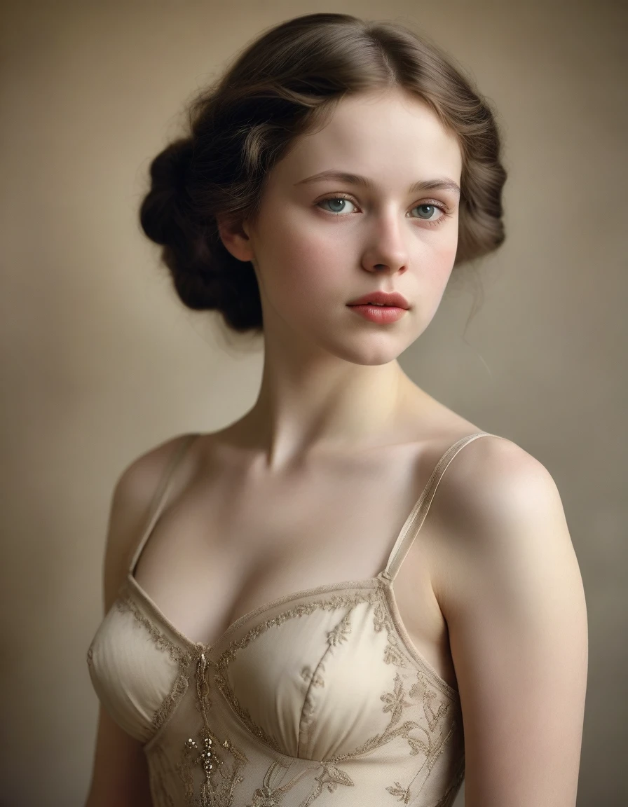 old Pictorialism 1920 (Masterpiece, Best Quality, Highres:1.2) Pictorialism, Pictorialism by Franz Xaver Setzer,  Franz Anton Adolf was an Austrian photographer., Photography in 1920, Full body, highly detailed, centered, drawn, portrait of a beautiful young woman,  long hair, a  dancer in 19th century French costumes, 19th era,  very beautiful, standing artistically, realistic natural ????????????, professional light distribution, very artistic lighting gradation, artistic detail, film grains, Gelatin silver print. RAW photo, natural light, epiC Realism, TXT2IMG, full realism, portrait of a beautiful cute   21 years old, studio lighting professionally graded. you wanna merry her. skin pale model, a stunning beauty, professionally graded for maximum impact. The framing of the shot captures Georgy's natural proportions, adhering to the Golden Ratio, creating an air of serenity and beauty. her pale white photorealistic, realistic, extremely detailed, highly detailed, cute, pretty, attractive, Athletic body, fair skin, vellus hair, realistic chest, thin build, Natural proportions ,Skin hairs , Rough skin, Cellulite, Shiny skin ,skin texture , skin highly detailed ,skin texture detailed, Skin bristles, Skin goosebumps, Skin chills ,Grainy skin , cinematic lighting, stunningly beautiful, intricate ,Shiny lips, (professionally graded), (bright soft diffused light), old Pictorialism fading (extremely detailed 8k wallpaper).Tragic, Dramatic Situation, Roman clothing. She wears a  dress with thin straps, Open Chest and elegant  embroidery