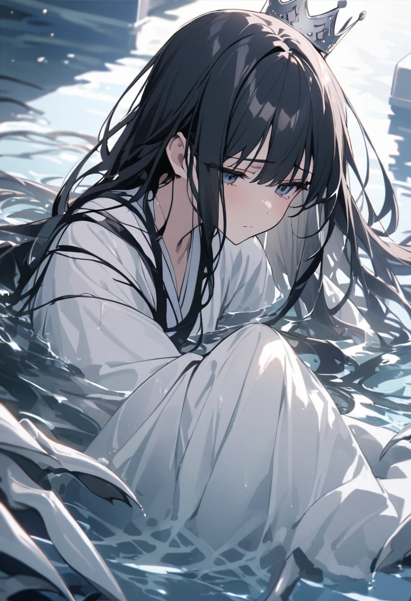 Girl with arms out in front of her showing claws from underwater、Black wet long hair、White crown、White kimono、Many white hands sticking out of the water、The background is the pool、Sad look、