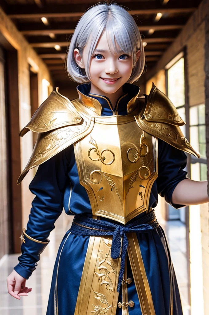 Ultra HD、Ultra-clear、8k、Beautiful dragon boy、White skin、blue eyes、Silver Hair、smile、A holy warrior covered in golden armor