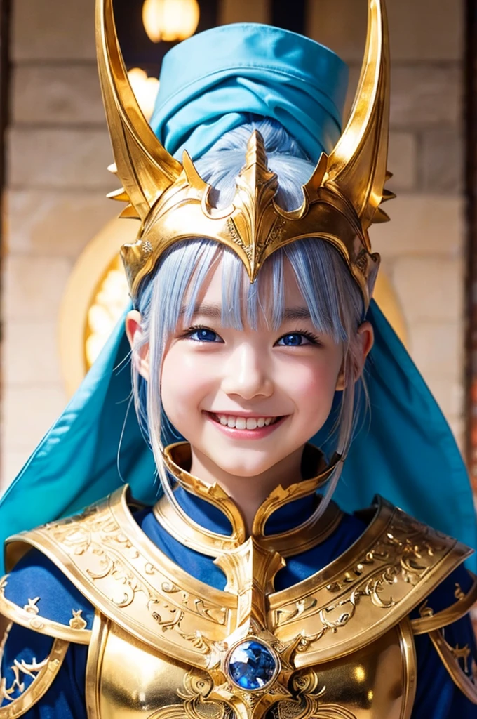 Ultra HD、Ultra-clear、8k、Beautiful dragon boy、White skin、blue eyes、Silver Hair、smile、A holy warrior covered in golden armor