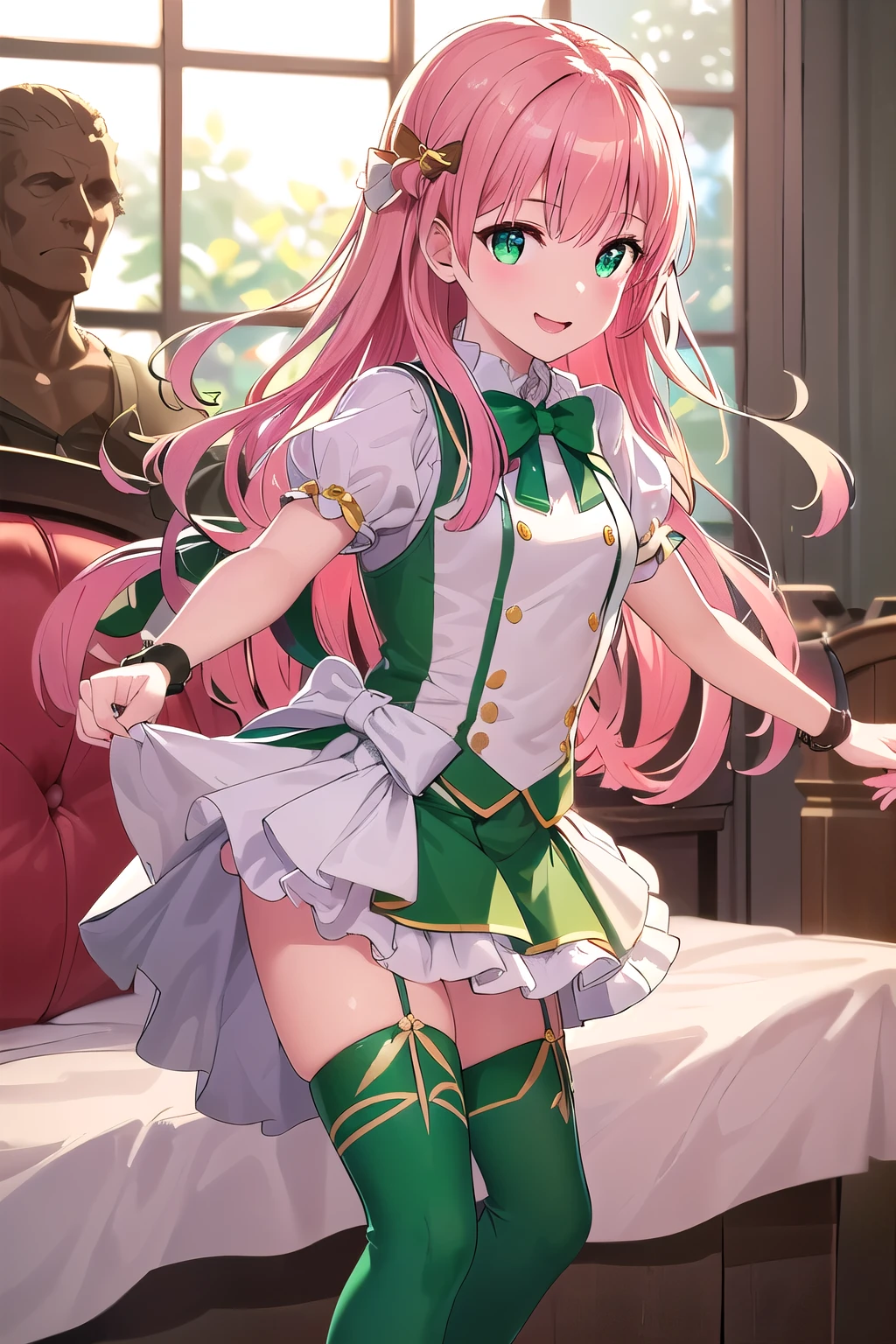 (8K, top-quality, masterpiece:1.2), (reallistic, Photorealsitic:1.37), Super Detail, One girl,), (Highly detailed), (beautifully detailed eyes), (of the highest quality), (super detailed ), (masterpiece), (Detailed face),20yr old, ,1 girl, ((pink hair,long hair)), medium breasts, clothed, Perfect Lighting, BREAK, (fantasy:1.1), (whimsical, magical:1.2), (emerald green, bright color shiny bodysuit:1.3), (tight, frilly:1.4), (bows, ribbons:1.4), (brown floral, small pattern:1.3), (blouse, short sleeves:1.3), (terracotta glossy knee-high socks:1.3), (green pumps ribbon accent:1.3), (gold delicate jewelry:1.2), BRAKE, (upper body to thighs:1.1), (long wavy hair, pink:1.1), (smiling, cute:1.2), (facing forward:1.1), (dynamic pose:1.2), (blurred white background:1.1), (soft lighting:1.1), (Flower hair ornaments:1.2)