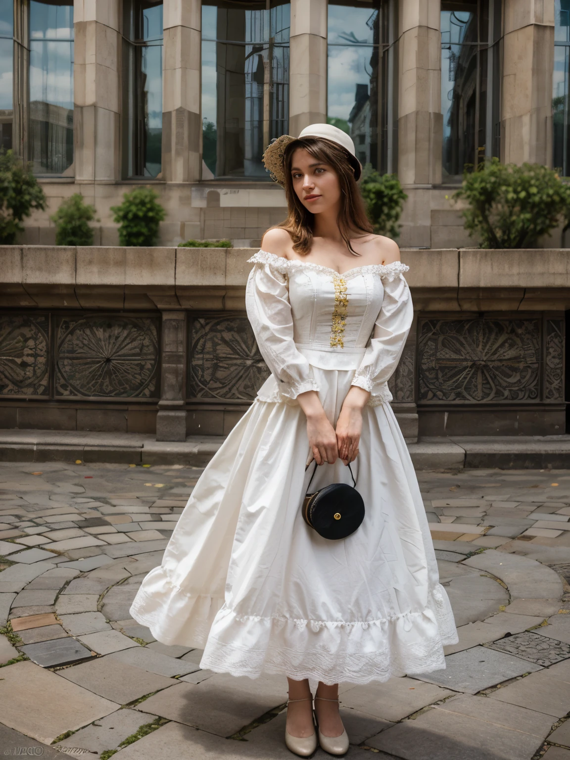 Portrait of a blond woman in a long, elegant 1890s dress with a fitted bodice and a bustle, adorned with intricate lace and buttons, standing atop the hill of Montmartre, gazing out at the breathtaking panorama of Paris. The Sacré-Coeur basilica gleams white in the afternoon sun, its majestic domes and spires reaching towards the sky. Below, the city unfolds like a tapestry of winding streets, grand buildings, and lush green parks.

The Sacré-Coeur is a masterpiece of Romanesque-Byzantine architecture. Its white stone facade is adorned with intricate carvings and sculptures, depicting scenes from the Bible and local history. The interior boasts richly decorated chapels, each with unique motifs and frescoes, and stunning stained glass windows that cast colorful patterns on the floor as the light filters through. The basilica's grand organ and mosaic ceiling add to the sense of awe and reverence.

Visitors mill around the basilica, some sitting on the steps, others taking photographs, while artists sketch the scene. Street vendors sell souvenirs and refreshments, and the sound of a distant accordion fills the air, enhancing the Parisian ambiance. The woman, with her parasol in hand, stands gracefully, embodying the elegance and charm of the era. Her dress is made of fine silk, with delicate embroidery along the hem and sleeves, and her hat is adorned with feathers and ribbons, perfectly complementing her attire.

Romanesque-Byzantine architecture, white stone facade, intricate carvings, sculptures, richly decorated chapels, stained glass windows, grand organ, mosaic ceiling, visitors milling around, steps, photographs, artists sketching, street vendors, souvenirs, refreshments, distant accordion, parasol, fine silk dress, delicate embroidery, hat with feathers and ribbons, cobblestone paths, lush green parks, Parisian rooftops, Eiffel Tower in the distance, blooming flowers, wrought-iron railings, church bells, old lampposts, pigeons, street performers, vintage bicycl