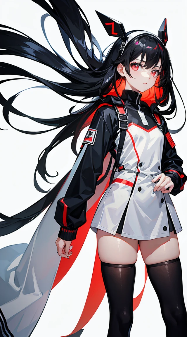 Remove all background,white solid background,Black tights,black hair,Neon hair accessories,Red pupil,High and cold,stand at attention,ID photo