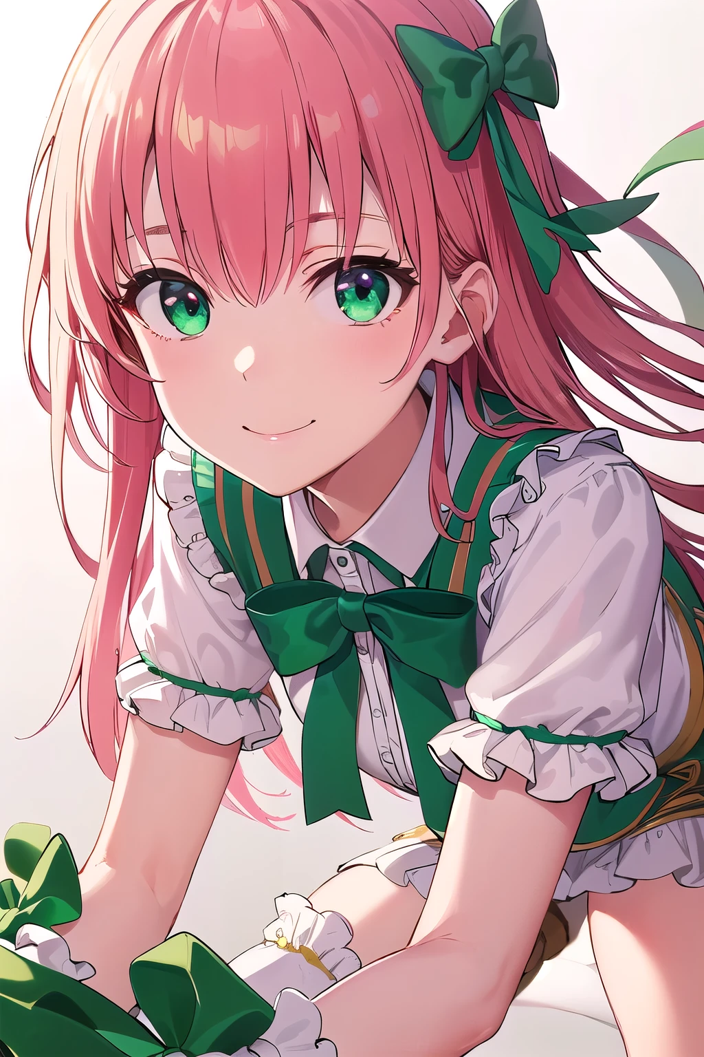(8K, top-quality, masterpiece:1.2), (reallistic, Photorealsitic:1.37), Super Detail, One girl,), (Highly detailed), (beautifully detailed eyes), (of the highest quality), (super detailed ), (masterpiece), (Detailed face),20yr old, ,1 girl, ((pink hair,long hair)), medium breasts, clothed, Perfect Lighting, BREAK, (fantasy:1.1), (whimsical, magical:1.2), (emerald green, bright color shiny bodysuit:1.3), (tight, frilly:1.4), (bows, ribbons:1.4), (brown floral, small pattern:1.3), (blouse, short sleeves:1.3), (terracotta glossy knee-high socks:1.3), (green pumps ribbon accent:1.3), (gold delicate jewelry:1.2), BRAKE, (upper body to thighs:1.1), (long wavy hair, pink:1.1), (smiling, cute:1.2), (facing forward:1.1), (dynamic pose:1.2), (blurred white background:1.1), (soft lighting:1.1), flower background