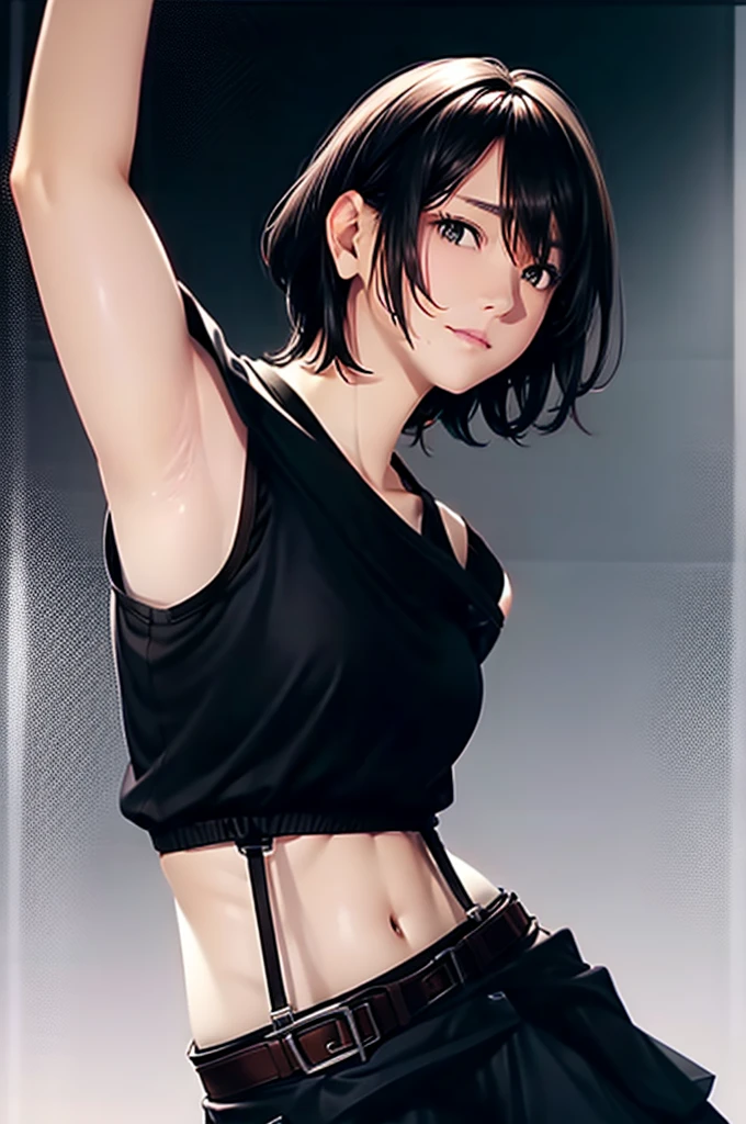 Black Skirt, Black tank top　suspenders, Brown short hair, Grey Eyes, 脚にガーターbelt, big, Tight clothing, 　　 belt　Armpit sweat　　Expressionless