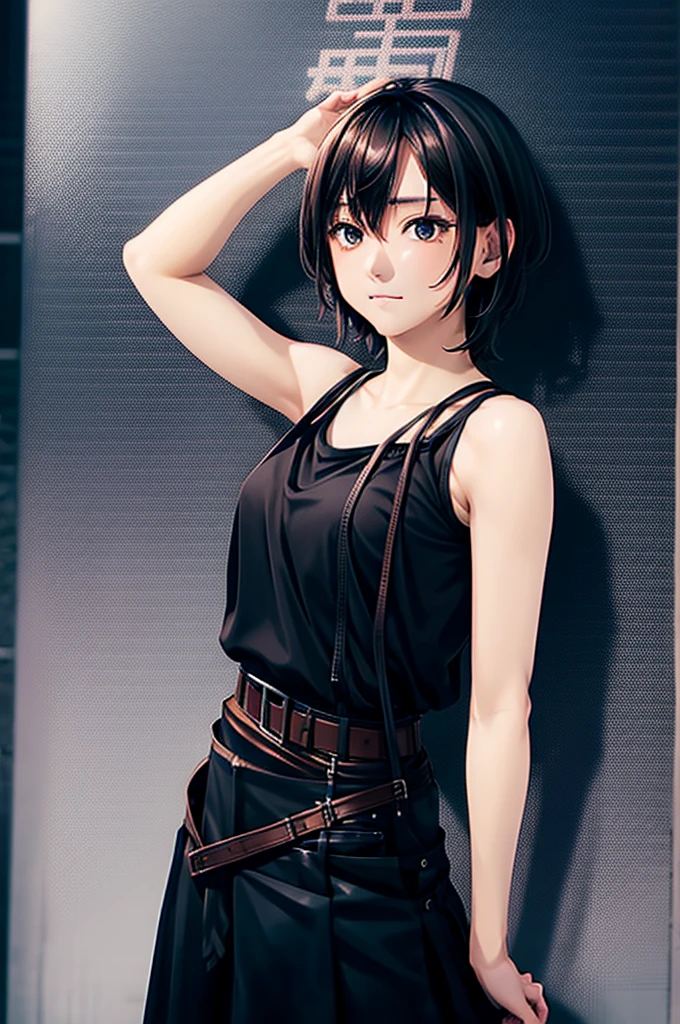 (lyokoyumi:1), solo, 1girl, short hair, shirt, black hair, abandonned building, lab, underground, solo focus, midriff, pants, black shirt, black pants <lora:lyokoyumi2:1>  <lora:add_detail:0.5>