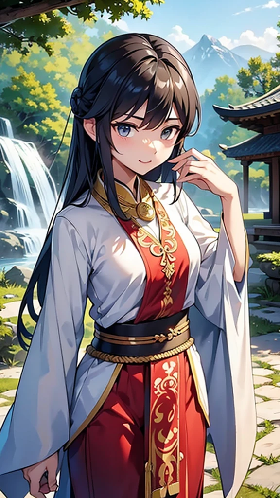 #### Main character: Young master from the family that cultivates immortality - **Physical characteristics**:
- **shape**: Tall and slender, white skin, handsome face - **Hair style**: Long, shiny black hair Gathered into a bun at the nape of the neck. Or let it flow down gracefully - **eyes**: eyesคม มีประกายแสงสีทองหรือเงินแสดงถึงพลังภายใน
- **Dress**: Wear a lavish ancient Chinese dhanfu costume. White-gold or black-red Decorated with delicate dragon or phoenix designs - **equipment**: Carry a saber or sword with intricate carvings. Reflects strength and expertise in combat - **decorations**: Wear a jade necklace or ring that is a family symbol.
#### Background - **terrain**:
- **mountain**: mountainสูงที่มีหมอกบาง ๆ ปกคลุม เพื่อให้ดูมีความลึกลับและยิ่งใหญ่
- **waterfall**: waterfallที่ไหลลงมาจากmountain สะท้อนแสงอาทิตย์ให้เห็นรุ้งบาง ๆ เพื่อเพิ่มความสวยงาม
- **bamboo forest**: bamboo forestเขียวขจีอยู่เบื้องหลัง เสริมให้ภาพดูสดชื่นและมีชีวิตชีวา
- **building**:
- **Ancient temple or pavilion**: An ancient Chinese temple or pavilion located on a hill. Giving an ancient atmosphere - **stone bridge**: stone bridgeที่ทอดข้ามลำธารเล็ก ๆ เพิ่มความคลาสสิคและเป็นธรรมชาติ
- **weather**:
- **sky**: skyที่มีเมฆบาง ๆ และแสงอาทิตย์ยามเช้าหรือเย็น เพื่อสร้างบรรยากาศที่อบอุ่นและน่าหลงใหล
- **Additional elements**:
- **Power and Aura**: The power effect coming from the young master was used. It could be the light that surrounds the body. or the power released by a sword or sword To show great power - **Animal Gods**: เพิ่มAnimal Gods เช่น มังกรหรือฟีนิกซ์ที่บินรอบ ๆ เพื่อเสริมความยิ่งใหญ่และพลังของตระกูล