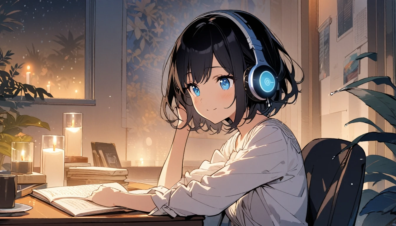 1girl, solo, blue eyes, (detailed eyes), gentle smile on her face flat chest, short hair, black hair, upper body, wearing a white dress shirt ((masterpiece, illustration, best quality)) rainy night, a girl studying while listening to music with headphones, the night view is very beautiful with beautiful candle on her table. there are plants in the background, a beautiful night view with books and plants in the background with coffee on the desk,