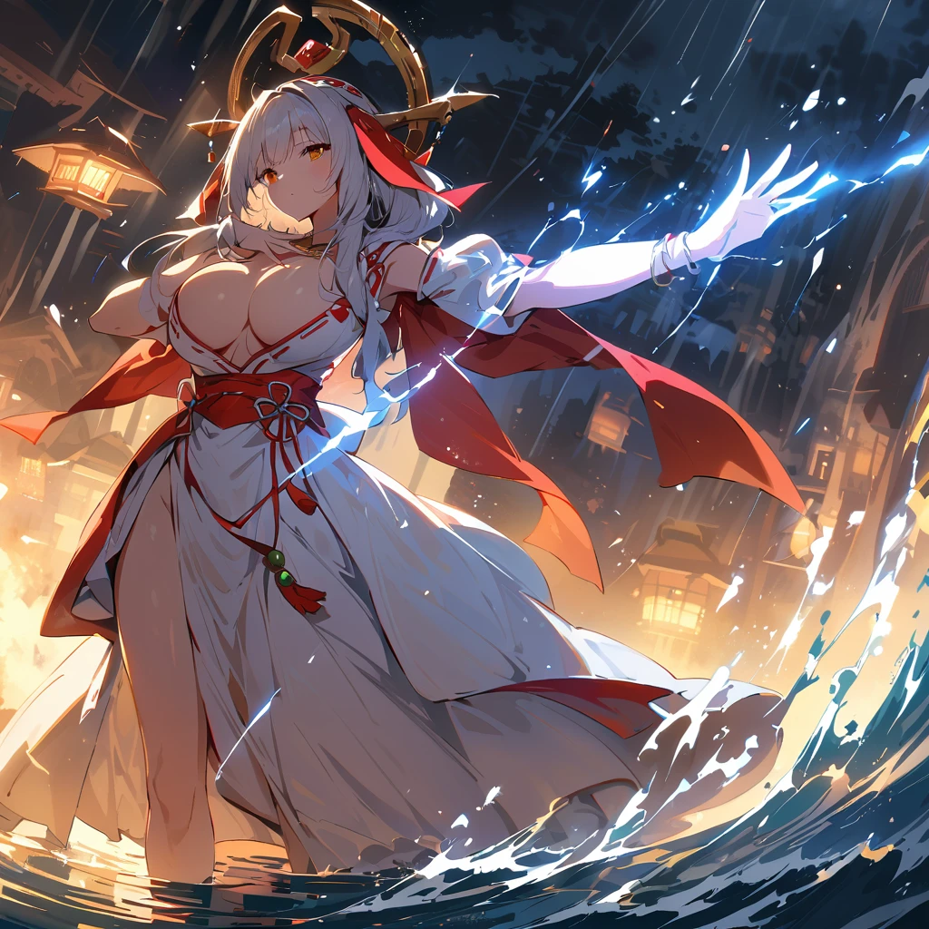 Highest quality, High definition beauty, Ultra-high resolution, Ultra-high definition 4K, Perfect Anatomy, The three pure shrine maidens, Detailed shrine maiden costume, Dynamic composition, In the Storm, Big Breasts, Soft Skin, Glowing Skin, Bright lighting, 非常に激Shii雨, god々Shii, Professional photography techniques, Stretching oneself