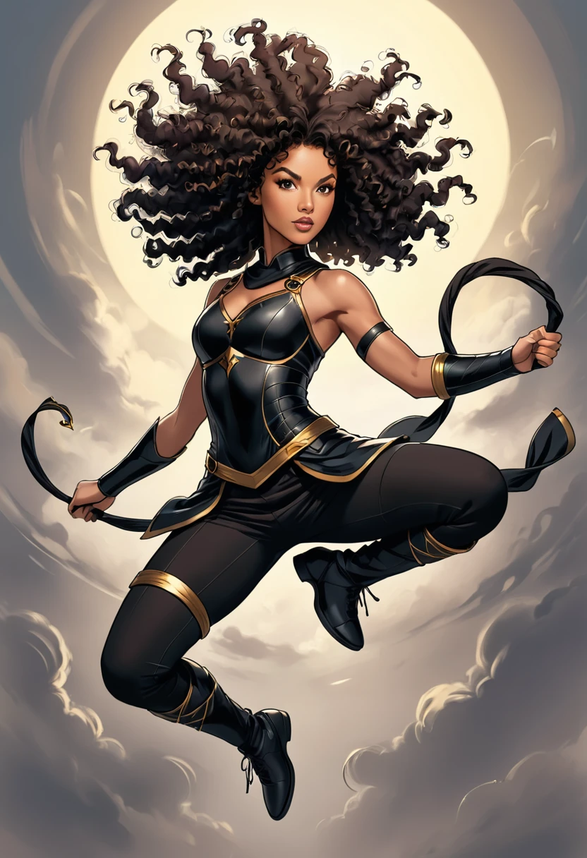 woman warrior, blackquality hair, curly hair, jumpping