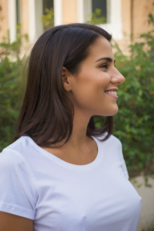 brunette woman in realistic profile with plain t-shirt, she must be smiling