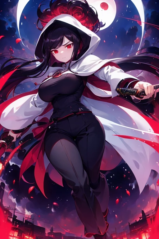 Highest quality、High resolution、Serious expression、One Woman、human、Female Warrior、Black Hair、Long Straight Hair、Sharp red eyes、Uplifting、Light equipment、Swing the Great Sword、Around 20 years old、anime、Voluptuous bust、Narrow waist、Great style、Height: 170cm、White hooded cloak、A dignified and cool face、Wearing boots、White clothing、8k、high resolution、Eerie dark sky、Black trousers、dark brown boots、The strongest swordsman、Running with a sword at the ready、Demon King&#39;s Castle
