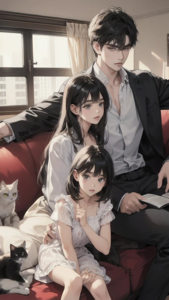 Young caucasian guy and young caucasian girl sitting on a sofa in an apartment with several cats, high resolution, precise, Honored many times, damaged, high resolution model, miaoz ,iaoz, Retina screen, realistic textures, Anatomically correct, qualityที่ดีที่สุด, details, detailsสูง, quality, detailsมาก, black hair, 