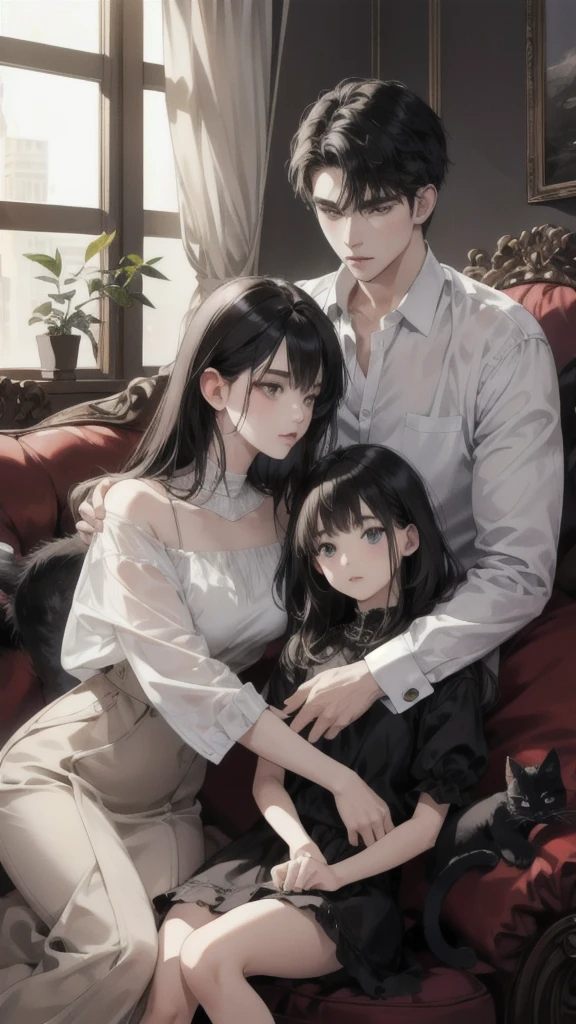 Young caucasian guy and young caucasian girl sitting on a sofa in an apartment with several cats, high resolution, precise, Honored many times, damaged, high resolution model, miaoz ,iaoz, Retina screen, realistic textures, Anatomically correct, qualityที่ดีที่สุด, details, detailsสูง, quality, detailsมาก, black hair, 