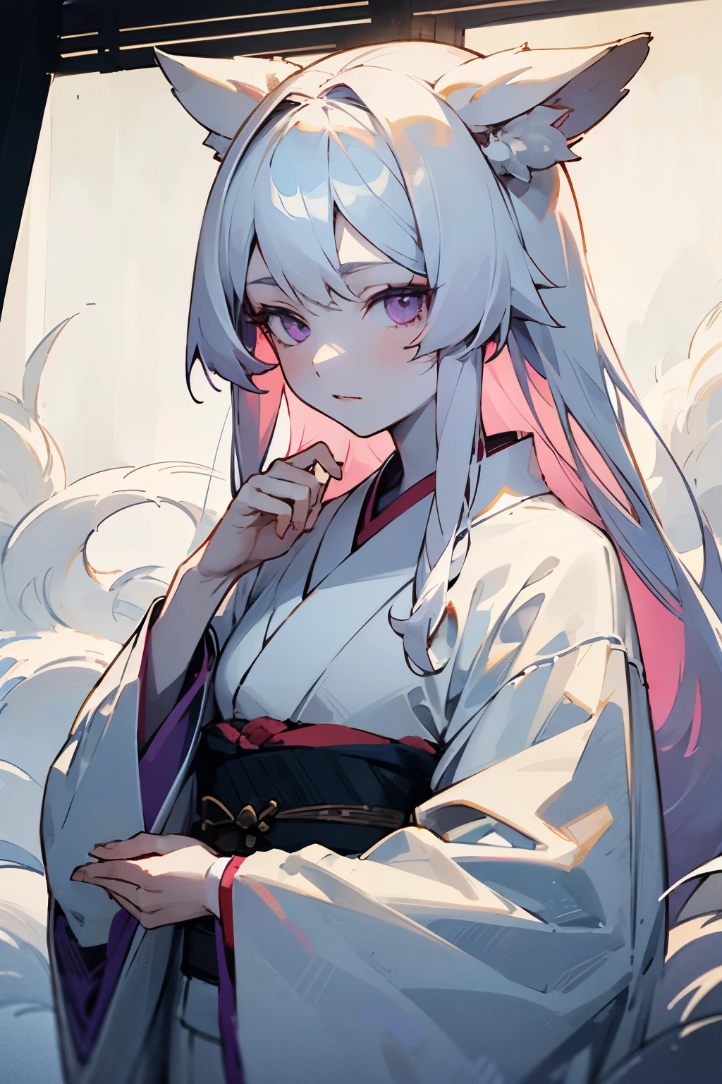 ((best quality)), ((masterpiece)), (detailed), 1girl, aloof, upper body, kitsune, pale skin, long hair, white hair, purple eyes, white kimono, intricate kimono, long sleeves