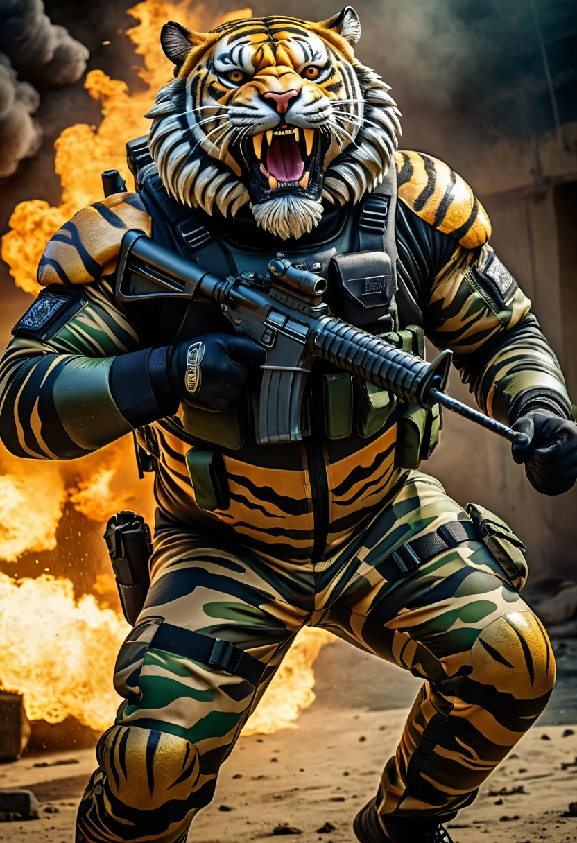 (a dark-skinned bearded fat muscular old man in a bulky army camouflage zipper diver suit) carrying a gun, (wearing realistic roaring tiger mask), dynamic action pose, fierce expression, showcasing an imposing stature, surrounded by military elements, dramatic shadows and intense highlights, cinematic color tones, high detail, powerful, art influenced by Bruce Onobrakpeya and Stanley Artgerm, ultra-detailed, best quality image, action-packed atmosphere.