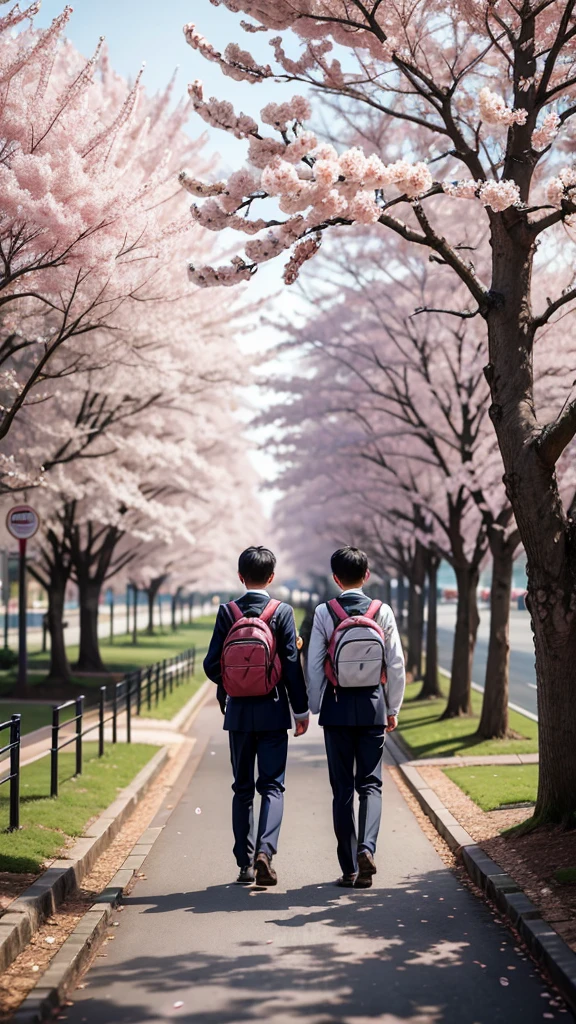 In the middle of the cherry blossom trees、Two boys of about the same height are walking, Other people standing, seen from behind , School uniforms