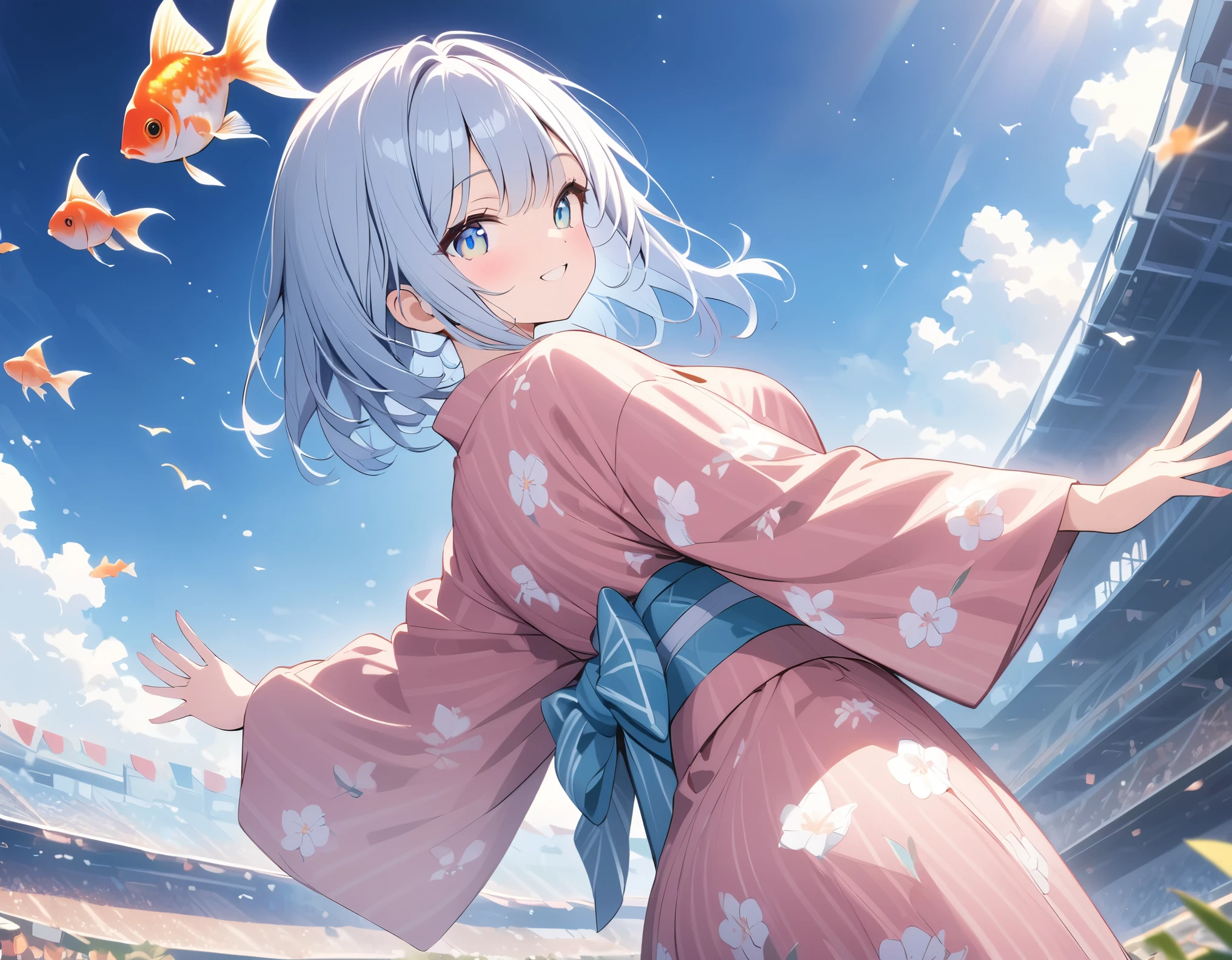 pale colour、anime、anime調、デジタルanimeアート、Flat Design,(masterpiece:1.2)、Written boundary depth、photograph、Back Blur、Distance、high quality、High resolution、Very detailed,From directly below、festival grounds、Girl in yukata、Goldfish pattern yukata、shot、((Pose with arms outstretched))、trace、Bright smile、hair ornaments,Girl Threesome