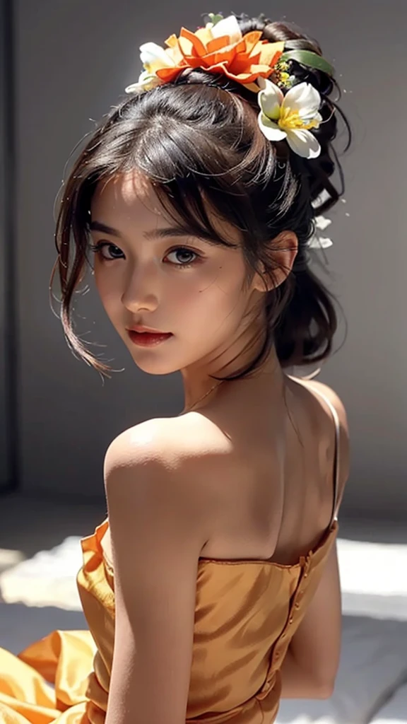 Bust Shot,Orange Sleeveless Dress Style,Frilly dress,ruffled edges, layered,Accessories: Flower hairpiece, ribbon, fitted body,Commercials for luxury cosmetics style,Commercial filming studio,The background is all gray,Body in front,fully body photo,masutepiece, The highest image quality, High quality, the background is clear,Beautiful woman, Japanese, Detailed, Ultra-detailed, finely detail, hight resolution, 8K Wallpaper, Perfect dynamic composition, Beautiful detailed eyes ,Detailed eyes, Detailed skin, Beautiful skin, 超hight resolution, (reality: 1.4),Very beautiful woman, Slightly younger face, Beautiful skin, slender, (Ultra photo realsisim), (hight resolution), (8K), (Very detailed) (beautifully detailed eyes), (super detailed), (Detailed face), view the viewer, Fine details, Detailed face, Staring straight ahead, Staring straight ahead, photos realistic, Bright lighting, Professional Lighting, Black hair,poneyTail,a baby face,sixteen years old,Hairstyle: ponytail,Long ponytail hairstyle,slight smile,