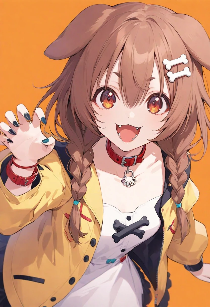 (muste piece), (best quality), (score_9, score_8_up, score_7_up), very detailed eyes, expressive eyes, perfect face, very detailed face, highly detailed face, beautiful girl, 8K, beautiful girl, white background, delicate and beautiful face and eyes, dark intense shadow, 1 girl, vtuber style, cool girl, vtuber,  Inugami korone, animal ears, bone hair ornament, brown hair, hair ornament, twin braids, dress, braid, claw pose, dog ears, white dress, yellow jacket, nail polish, collar, long hair, red collar, hair between eyes, bangs, wristband, dog girl, low twin braids, fangs, brown eyes, bracelet, open jacket, buttons, hairclip, open clothes, short dress, collarbone, big chest, cleavage, long sleeves, Poker face, open mouth wide, one Yae Teeth, (one hand paw pose), Upper Body, face close up, look up,