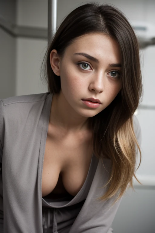 Portrait of a shocked 18year Russian girl standing in a jail cell.  Grey jumpsuit. Pixie cut. Blonde hair. Close up. Cleavage 